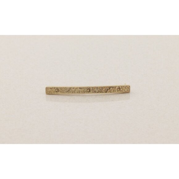 14k Yellow Gold Antique Art Deco Bar Pin Pretty Etched Flower Pattern 2" x 3/16" - Picture 8 of 11